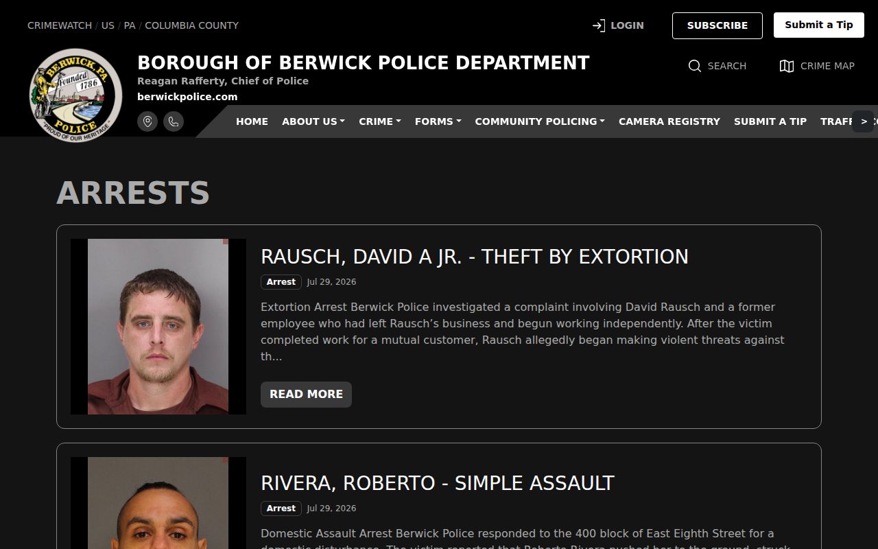 Berwick Police CRIMEWATCH arrest archive for Columbia County agency records