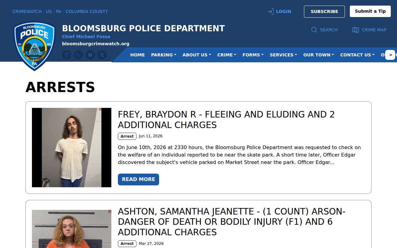 Columbia County Bloomsburg Police arrest archive for local arrest records