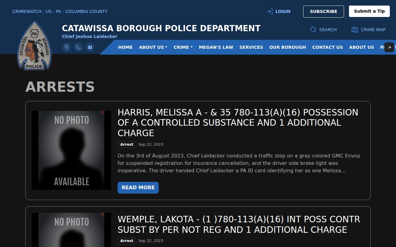 Columbia County Catawissa police arrest records archive