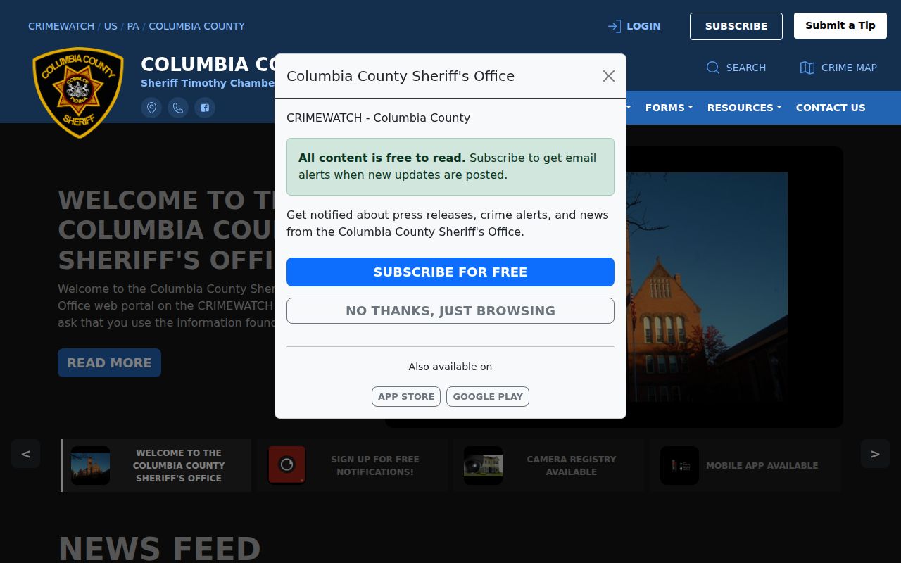 Columbia County Prison booking record and roster source page