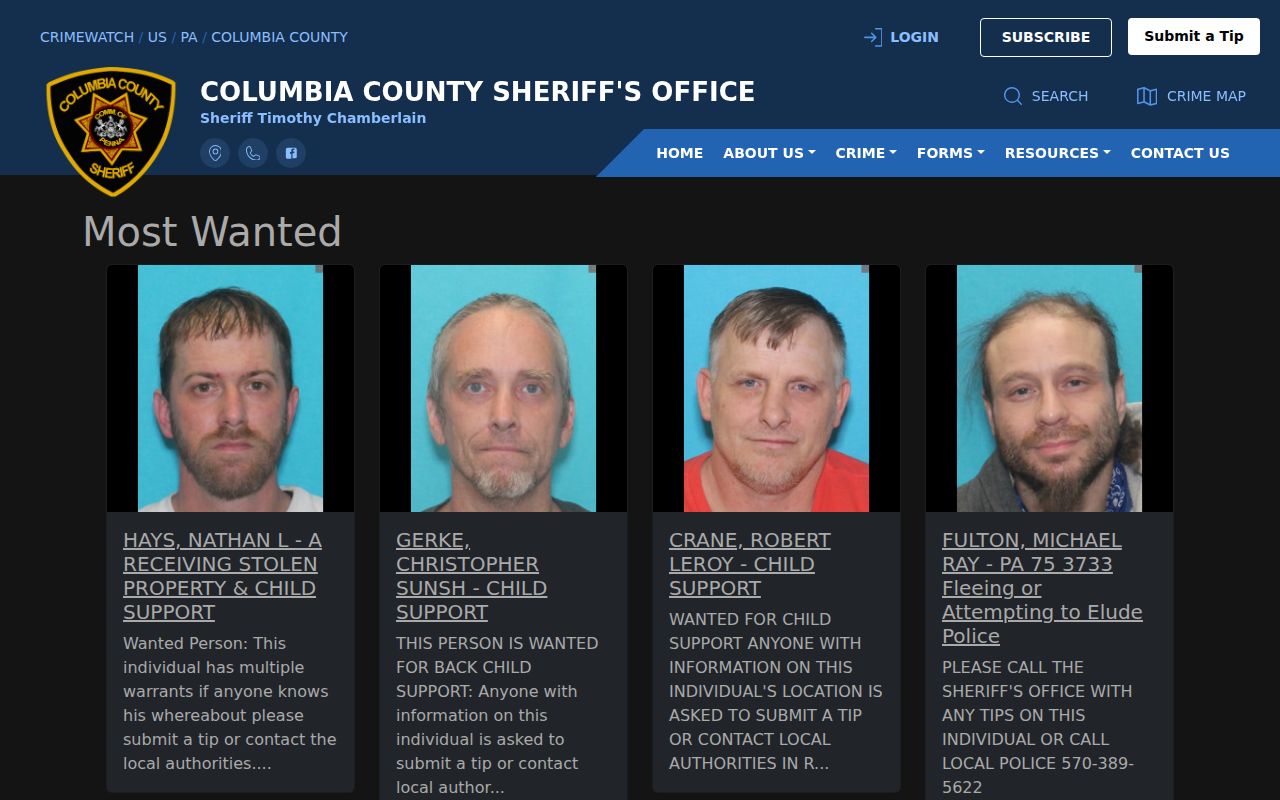 Columbia County Sheriff Most Wanted publication for warrant notice records